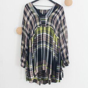 Free People Oversize v-neck plaid flowy long Sleeve Dress - Small Petite S/P
